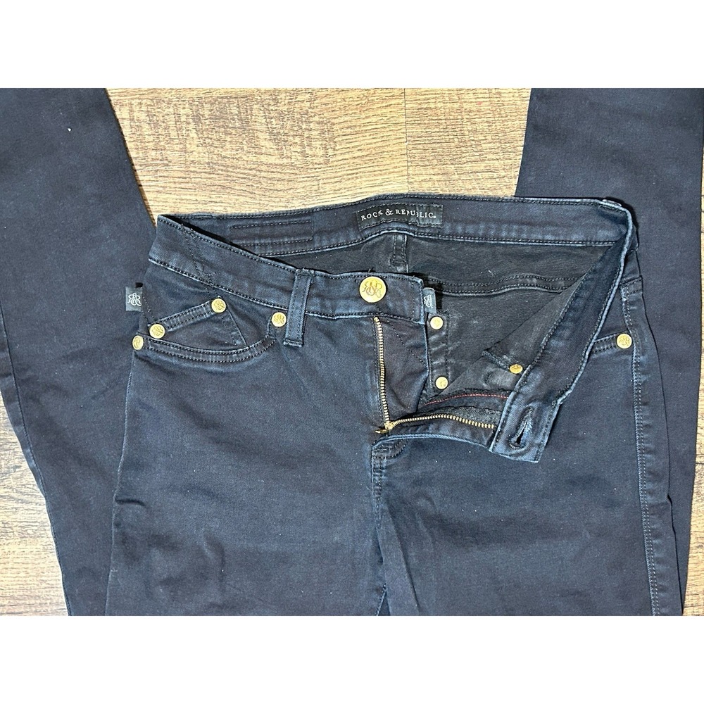Rock & Republic Kashmere Skinny Jeans Women's Sz 10 Black Mid Rise Stretch Gold - Picture 2 of 11